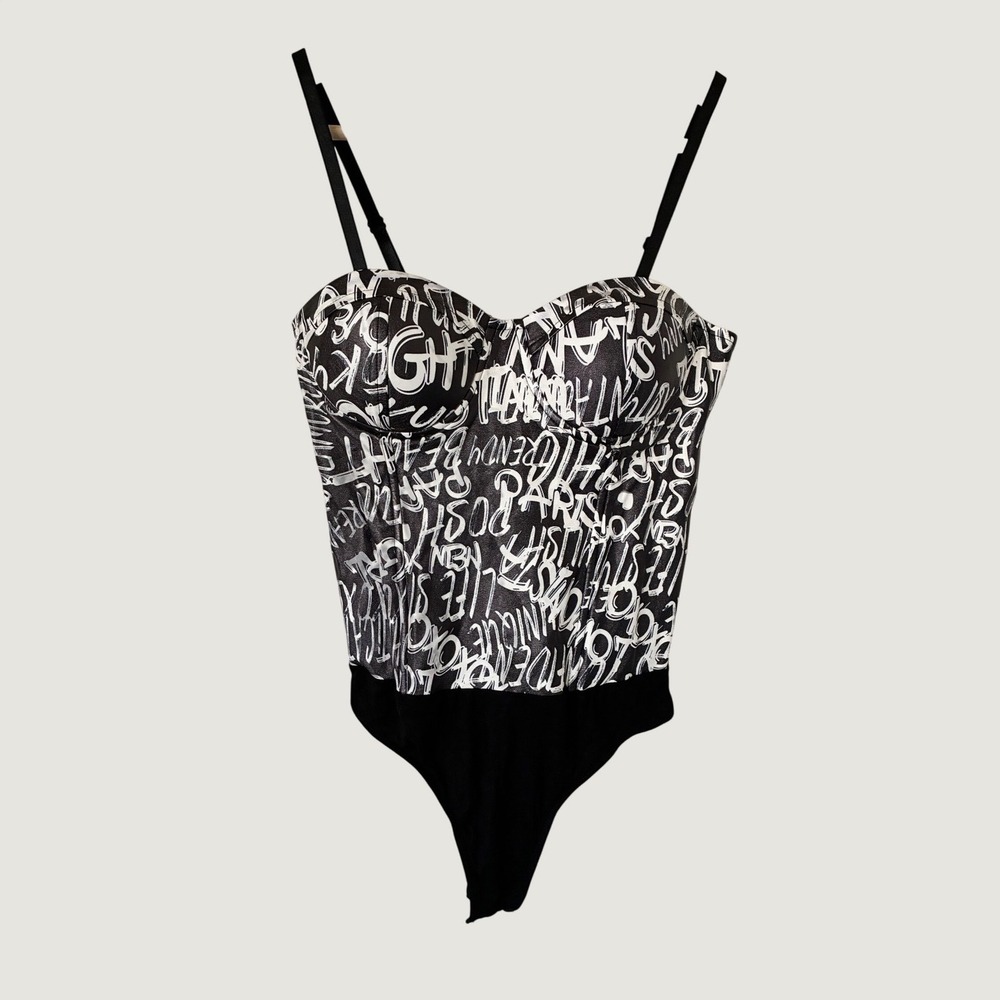 SAY WHAT? Graffiti Print Faux Leather Bodysuit Black White Festival Goth Medium